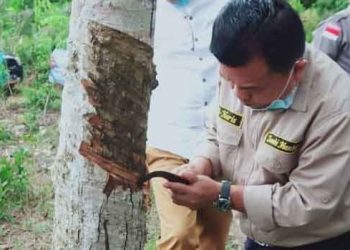 Al Haris dengan masyarakat Petani Karet Desa Sungai Landai' Mestong, Muarojambi, Selasa (3/11). FOTO: IST