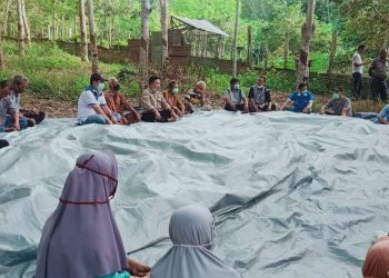 Al Haris bersama petani karet Muhamujirin Mestong dan Jaluko, Kabupaten Muarojambi, Rabu (4/11). FOTO: IST